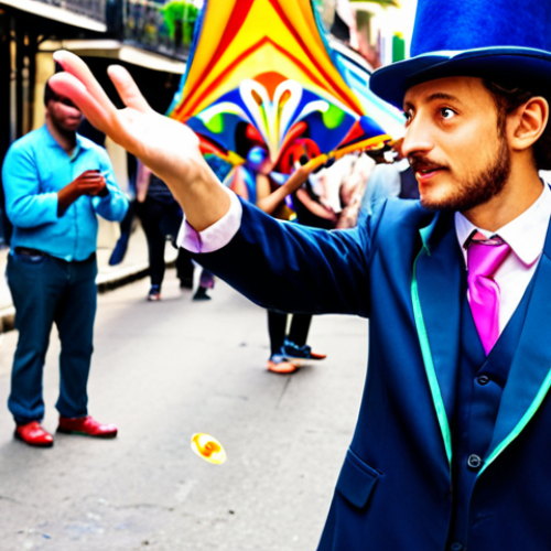 Home 13 **A street magician in New Orleans, flamboyantly waving a handkerchief, subtly palming a coin. The crowd is captivated by the vibrant colors and motion.** *(Focus: Street magic, misdirection, New Orleans setting)*