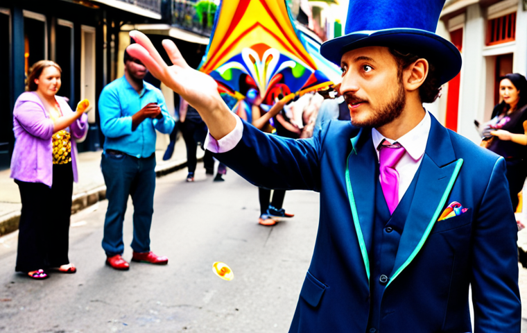 **A street magician in New Orleans, flamboyantly waving a handkerchief, subtly palming a coin. The crowd is captivated by the vibrant colors and motion.** *(Focus: Street magic, misdirection, New Orleans setting)*