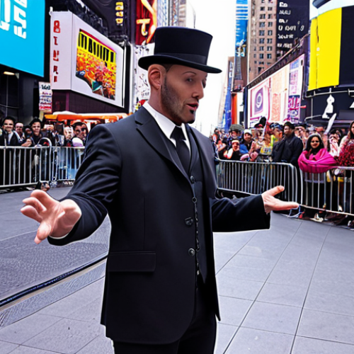 Home 8 **A magician in a modern street setting, perhaps Times Square or a vibrant city corner, performing close-up magic for a captivated crowd. Augmented reality elements subtly enhance the illusion, creating a fusion of real-world performance and digital effects. The image should convey wonder and surprise, with diverse spectators reacting with amazement.**