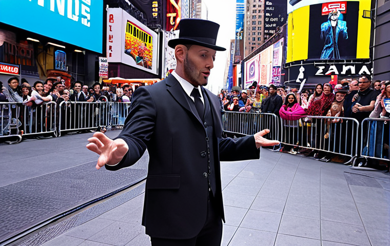 **A magician in a modern street setting, perhaps Times Square or a vibrant city corner, performing close-up magic for a captivated crowd. Augmented reality elements subtly enhance the illusion, creating a fusion of real-world performance and digital effects. The image should convey wonder and surprise, with diverse spectators reacting with amazement.**