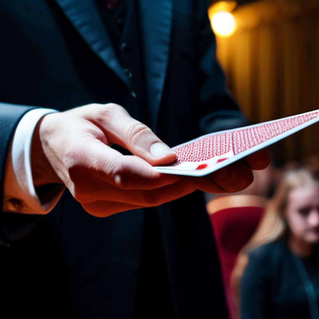 A Magician's Hands**

"Close-up of a magician's hands performing a card trick, fully clothed, appropriate attire, focus on the sleight of hand, well-formed hands, proper finger count, surrounded by a blurred background of a captivated audience in a dimly lit theater, safe for work, professional magic performance, perfect anatomy, natural proportions, high quality, magic show atmosphere."

**