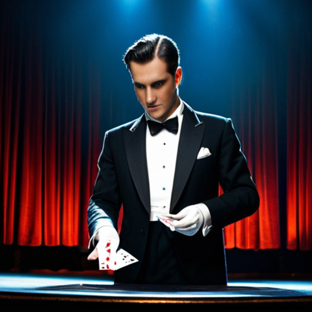 The Magician's Secret**
* **Subject:** A magician on a brightly lit stage, in a classic tuxedo, fully clothed, performing a card trick. The focus is on their hands, subtly manipulating the cards.
* **Environment:** Ornate, vintage theater with a captivated audience in the background. Stage lights create dramatic shadows.
* **Style:** Photorealistic, professional photography, with an emphasis on detailed textures (cards, tuxedo fabric).
* **Modifiers:** "safe for work", "appropriate content", "fully clothed", "professional", perfect anatomy, natural proportions, well-formed hands, proper finger count, mysterious atmosphere.
**
