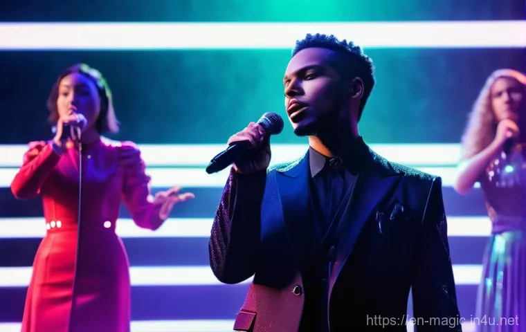 마술과 오락의 결합 - **Prompt:** A futuristic concert stage, bathed in vibrant neon and dynamic spotlights. A live band, ...