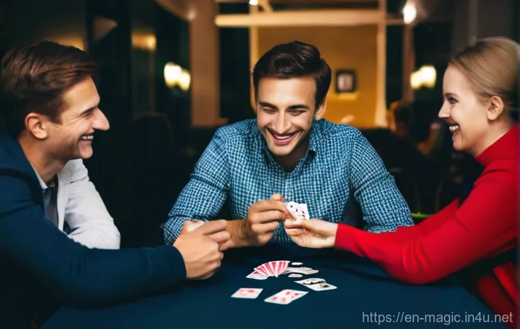 마술을 통해 배우는 자신감 - **Prompt:** A diverse group of adults (20s-50s) at a casual evening social gathering, initially look...