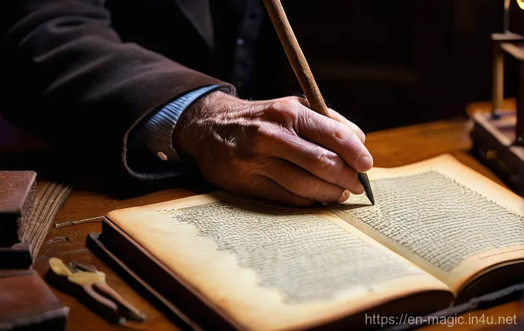 마술 도구와 소품 리뷰 - **"The Magician's Legacy"**: A close-up, intimate shot focusing on the weathered hands of an experie...